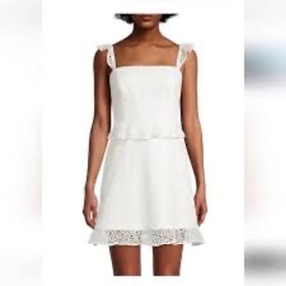 Aidan Maddox White Eyelit Ruffle Shoulder Mini Dress, 14